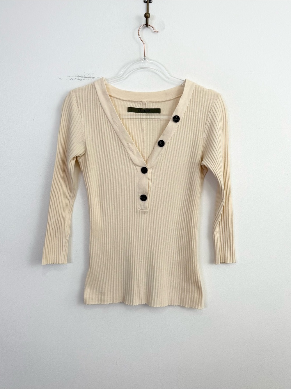 Enza Costa Ribbed Henley Top M Ivory Cotton Blend - Picture 2 of 6